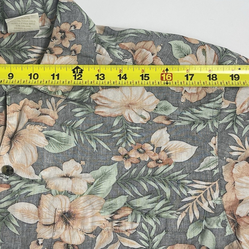 Go Barefoot Men's Large Gray Orange Green Hawaiian Tropical Aloha Floral Button - Picture 6 of 8